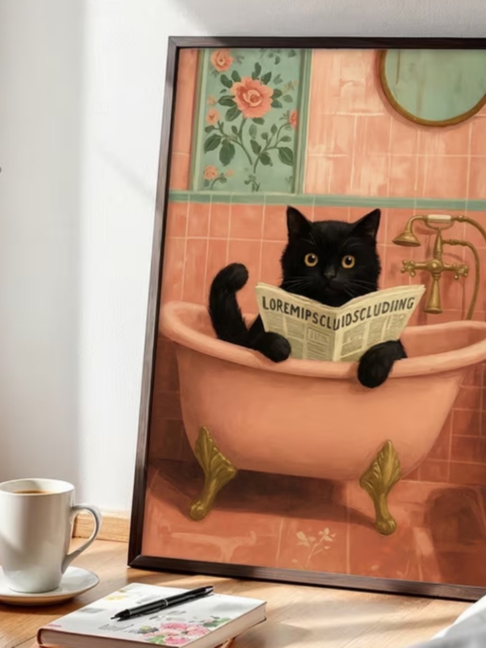 Black cat in bathtub canvas print - pink